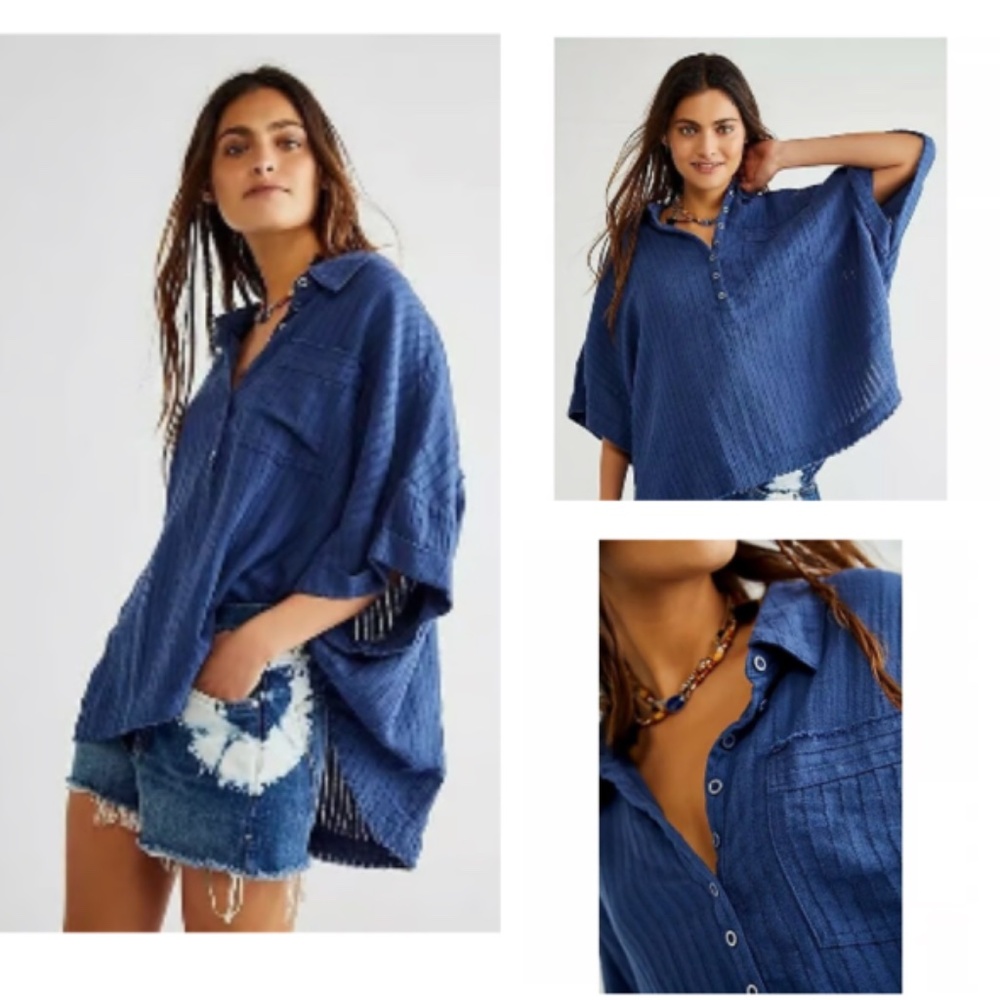 We the Free Ava Cotton Top in Shaded Lake Blue Size XS (Oversized/Relaxed fit)